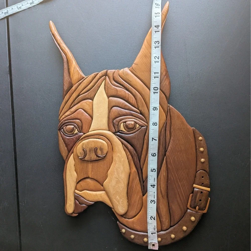 Boxer Dog Intarsia Wood Wall Art Handmade 3D Portrait Plaque 16